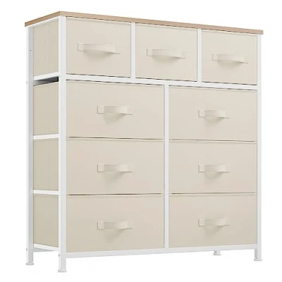 Image of YITAHOME Chest of Drawer With 9 Drawers for Bedroom Fabric Dresser Storage Handles Metal Frame Living Room, Hallway, Nursery, Cream White