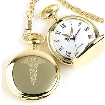 Image of Medical Symbol Caduceus Full Hunter Pocket Watch 24 Carat Gold Plated Dr Dentist Paramedic Nurse Gift