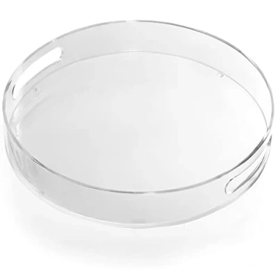 Image of Kurtzy Clear Round Plastic Serving Tray with Handles 30cm/11.81 Inches Diameter Extra Large, Acrylic Spill Proof Decorative Breakfast, Tea/Coffee, Food, Drinks and Table Organiser