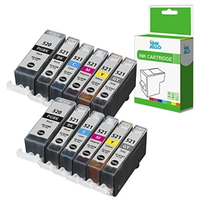 Image of InkJello Ink Cartridge For Printer, Compatible With Canon Pixma MP980 MP990 MX860 PGI 520/CLI 521 (Black, Cyan, Magenta, Yellow, Grey, 12 Pack)