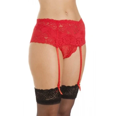 Image of Silky Wide Lace Suspender Belt 4 Ribbon Strap (Medium, Red)