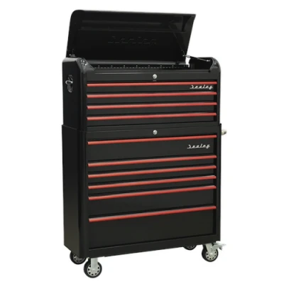 Image of Sealey Premier Retro Style Extra Wide Topchest &amp; Rollcab Combination 10 Drawer Black with Red Anodised Pull