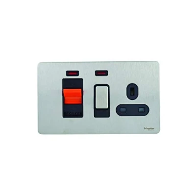 Image of Schneider Electric Ultimate Screwless Flat Plate Switched Cooker Control Unit with Single Power Socket, Double Pole, Neon indicator, 45A, GU4401BSS, Stainless Steel Black Insert