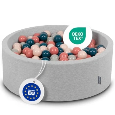 Image of KiddyMoon 90X30cm/200 Balls ∅ 7Cm / 2.75In Baby Foam Ball Pit Made In EU, Light Grey:Dark Turquoise/Pastel Beige/Greygreen/Salmon Pink