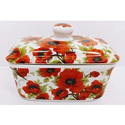 Image of Rainbow Decors Ltd Red Poppy Butter Dish Fine Bone China Poppies Flowers Container wit Lid Hand Decorated in UK