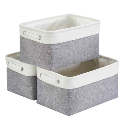 Image of Mangata Canvas Storage Box 3 Pack, Fabric Basket with Handles for Cupboards, Shelves, Clothes, Toys (Medium, Foldable, Grey White)