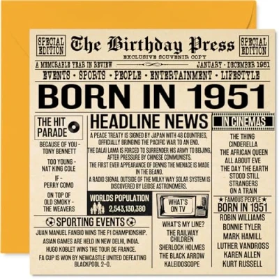 Image of 73rd Birthday Cards for Men Women Born In 1951 Newspaper Happy 73 Card Grandad Grandma Nan Vintage Retro Back 1951, 145mm x Seventy Three Third Bday Greeting
