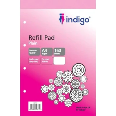 Image of indigo® A4 Refill Pad 160 Pages Headbound Perforated Punched Hole (Plain, Pack 2)
