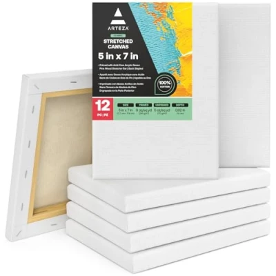 Image of Arteza Stretched Canvas, Pack of 12, 5 x 7 Inches, Blank White Canvases, 100% Cotton, 8 oz Gesso Primed, Art Supplies for Acrylic Pouring and Oil Painting