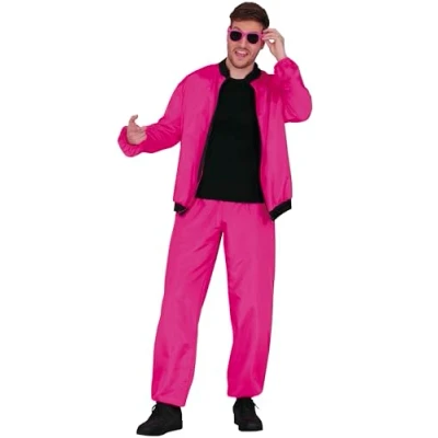 Image of FIESTAS GUIRCA Neon Pink Tracksuit Mens Fancy Dress Costume Colourful 80s Shell Suit Funny 90s Jogging Bachelor Party Stag Do Men Size M
