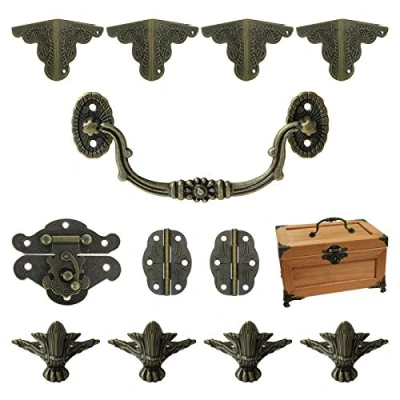 Image of MOROBOR Antique Lock Latch Hinges Handle Box Corner Protectors Kit for DIY Box, Wood Jewelry Chest Storage Feet Leg, not Included