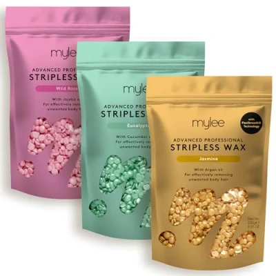 Image of Mylee Advanced Stripless Wax Trio Set 3x250g [Jasmine, Eucalyptus, Wild Rose] Professional Hard Beads, Painless Hair Removal, No Strips Needed, Peelable Hot Wax, Full Body, Face, Bikini, Brazilian