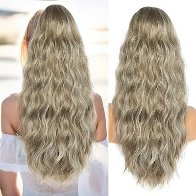 Image of 26 Inch Ponytail Extension, Natural Drawstring Long Wavy Hair Extensions, Synthetic Pieces for Women, Soft Extension (Warm Ash Blonde Highlights Bleach Blonde)