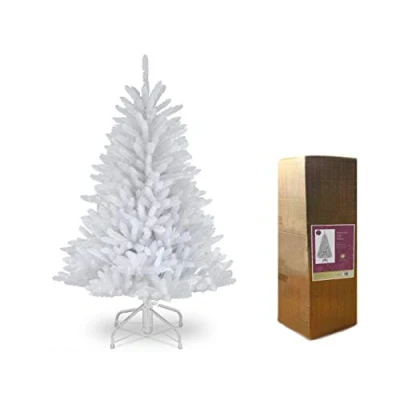 Image of SHATCHI Bushy Imperial Pine Artificial Deluxe Christmas Tree Hinged Branches Pencil Point Tips with Metal Stand Xmas Home Decorations, PVC, White, 5Ft/150CM