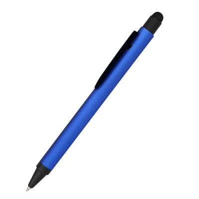 Image of Online ballpoint pen, retractable ball pen made out of aluminum, stylus tip, replaceable refill, premium writing experience with black colour, durable design, colour blue
