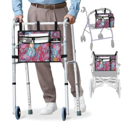 Image of supregear Accessories Bag for Walker, Wheelchair, Rollator Seniors, w/Cup Holder Folding Walker Basket Large Capacity Waterproof Caddy Pouch, Purple Floral