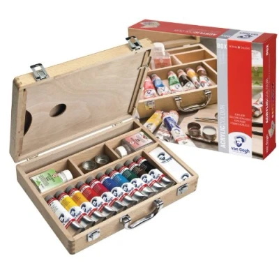 Image of Royal Talens Van Gogh Acrylic Art Set in Premium Wooden Case with Paints, Palette, and Brushes