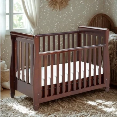 Image of Babymore Eva Sleigh Cot Bed Brown Drop Side With Mattress Included, Baby Teething Rail &amp; Drawer, Convertible to Toddler Day 3 Adjustable Base Positions (Brown)