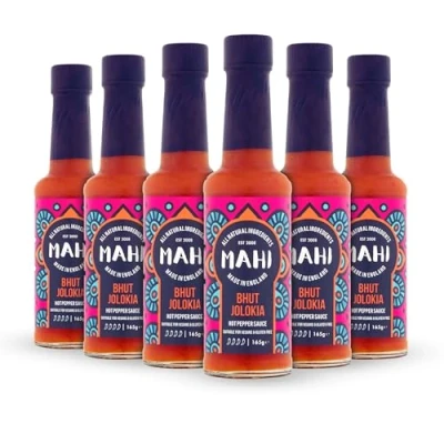 Image of MAHI Bhut Jolokia Pepper Hot Sauce Pack of 6 Spicy Heat, Perfect for BBQs &amp; Every Day, Gluten Free (GF) Vegan Sauce, (6 x 165g Bottles)