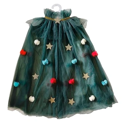 Image of Ginger Ray Girls Christmas Tree Cape with Pom Poms and Stars for Costume Parties, Green
