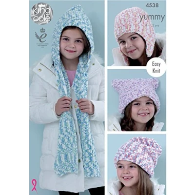 Image of King Cole Girls Knitting Pattern Easy Knit Hats Helmet &amp; Hooded Scarf Yummy Chunky (4538)