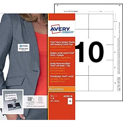 Image of Avery Vista Name Badges Plastic with Rotating Combi Clips ‎4838G M