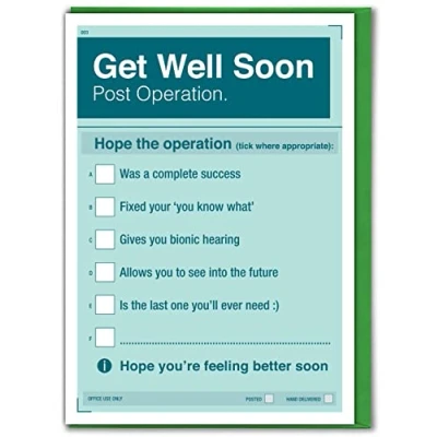 Image of Brainbox Candy Funny Get Well Soon Card &#039;Post Operation&#039; Tick Box Cheeky Joke Humour Cards Novelty For Him Her Friends Mates