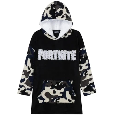 Image of Fortnite Oversized Hoodie Blankets for Boys Fleece Extra Long Warm Wearable Hooded Poncho Kids and Teens 14+, Gamers Gifts (Black/White Camo Kids)