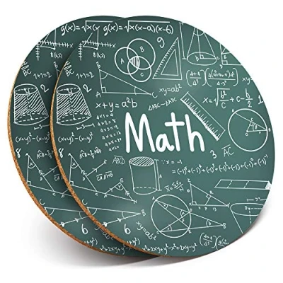 Image of 2 x Round Coasters Maths Chalkboard Teacher Student Cork Backed Home Kitchen Accessory Tea Coffee Mug Mat #14464