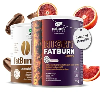 Image of Nature&#039;s Finest Night FatBurn Extreme + OK!Fatburn Coffee Natural Fat Burning Boost Metabolism and Energy Support Weight Loss Morosil, L Carnitine, Guarana 275 g for 25 Days, by Nutrisslim