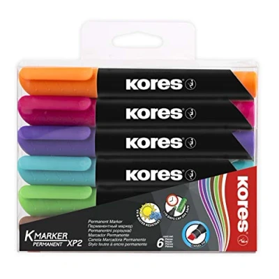 Image of Kores Coloured Permanent Marker Pens K XP2, Chisel Tip with Low Odour Ink Waterproof for All Surfaces School Supplies, Office Supplies Pack of 6 in Assorted Colours