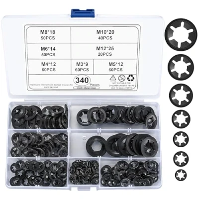 Image of 340 Pcs Starlock Washers, Internal Tooth Quick Speed Locking Push On Clips Fasteners Washers Assortment Kit M3, M4, M5, M6, M8, M10, M12. (black/manganese steel)
