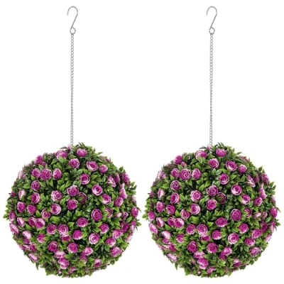 Image of HOMCOM Set of 2 Decorative Artificial Plants, UV protected Plant Topiary Rose Balls, Fake Plants for Home Indoor outdoor Decor, 28cm, Purple