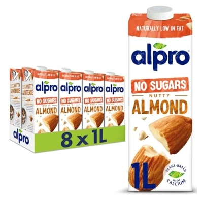 Image of Alpro Almond No Sugars Plant Based Long Life Drink, Vegan &amp; Dairy Free, 1L (Pack of 8)