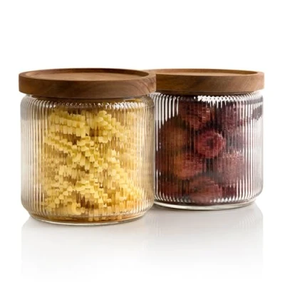 Image of Mason &amp; Fable Ribbed Glass Storage Jars with Airtight Wood Lids 1.25L, Set of 2 Stackable Food Canisters for Pasta, Flour, Cereal/Coffee Ideal Kitchen, Pantry/Bathroom Organization