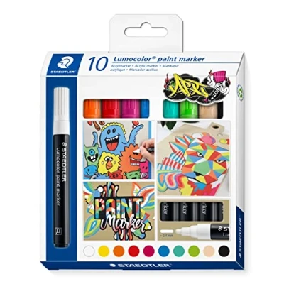 Image of STAEDTLER 349 C10 Lumocolor Acrylic Paint Markers, 2.4mm Line Width Assorted Colours (Pack of 10)