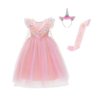 Image of Lito Angels Unicorn Birthday Princess Costume Fancy Dress Up with Cape, Headband and Sash for Little Kids Girls Age 7 8 Years, Pink (Tag Number 150)