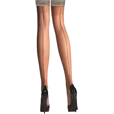 Image of Yummy Bee Hold Up Stockings Women Sheer 15 Denier Seamed Lace Top Silicone Band (Nude, M)
