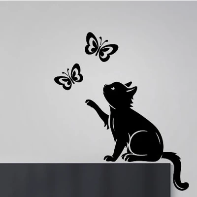 Image of Cat Butterflies Wall Sticker Art Butterfly Decal Decor Vinyl Home Decoration Living transfers Cats Room Painting Kitchen Pets Animals Stickers Design Poster Tree Decals Wallpaper DIY Mural