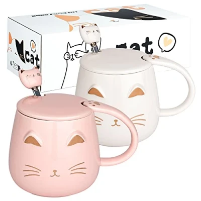 Image of DONGSHANGIFT Cat Mugs Set of 2 Cute Tea Cup Ceramic Coffee Mug with Lid and Spoon for Women Girls Lovers 13oz/380ml Christmas Birthday Gift (White Pink)