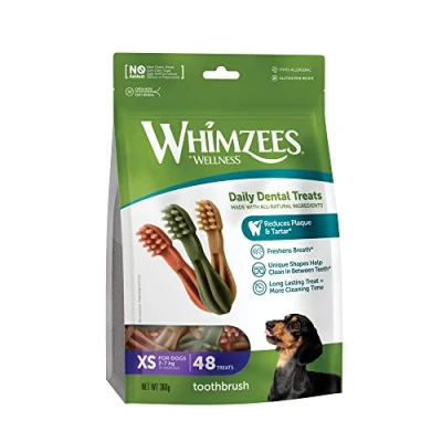 Image of WHIMZEES By Wellness Toothbrush, Natural and Grain Free Dog Chews, Dental Sticks for Extra Small Breeds, 48 Pieces, Size XS