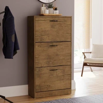 Image of Vida Designs 3 Drawer Shoe Cabinet Cupboard Storage Organiser Pull Down Wooden Furniture Unit (Antique Brown)