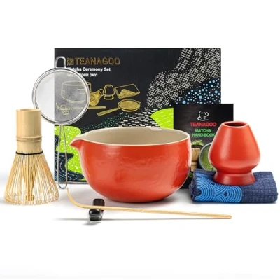Image of Japanese Tea Set (7pcs) Matcha Whisk Bowl with Pouring Spout Bamboo (Chasen) Scoop (chashaku) Holder Making Kit. N19, Red, Green Powder