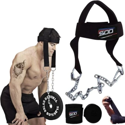 Image of Sports Fitness Neck harness for Weight Lifting, Resistance Training, Head Injury Recovery, Trainer to Improve Muscle Strength with Long Steel Chain and Neoprene Cap