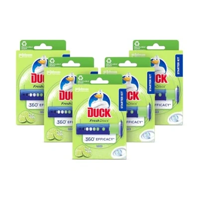 Image of Duck Fresh Discs Toilet Cleaner Starter Kit, Fights Stains That Harbour Germs, Prevents Limescale Build Up, Lime Fragrance, Pack of 5 Kits (Each Kit contains 1 x Holder + Refill Tube)