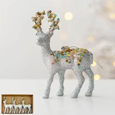 Image of Fassory 3 Pcs Reindeer Christmas Decorations, Glittering Silver Ornaments, Tree Decorations Table Decoration (Glittering Silver)