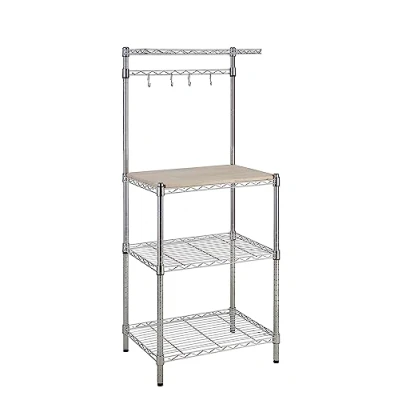 Image of Amazon Basics Kitchen Storage Baker&#039;s Rack with Wood Table, 61 cm Wide, Chrome/Beige