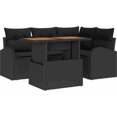 Image of vidaXL 5 Piece Garden Dining Set with Cushions Black Poly Rattan Acacia