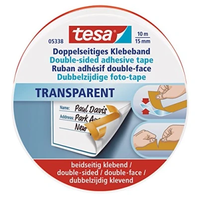 Image of tesa Double Sided Photo Collage Tape Extra Thin, Age Resistant Roll For Hobbies and Scrapbooking Transparent 10 m x 15 mm