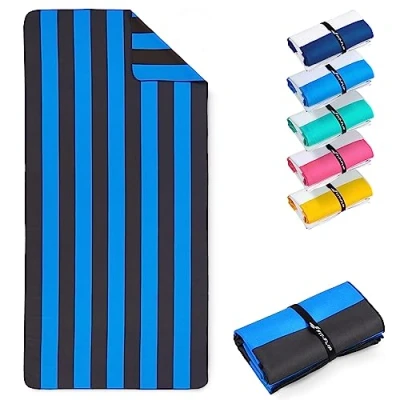 Image of Fit Flip microfibre beach towel large lightweight, compact and super absorbent sand free quick dry towel, 100% recycled travel darkgrey blue stripes 200x90cm
